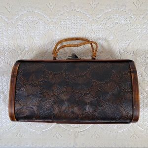 Vintage 1950s Wooden Box Purse Carved Floral Pattern Hook Eye Latch Brown